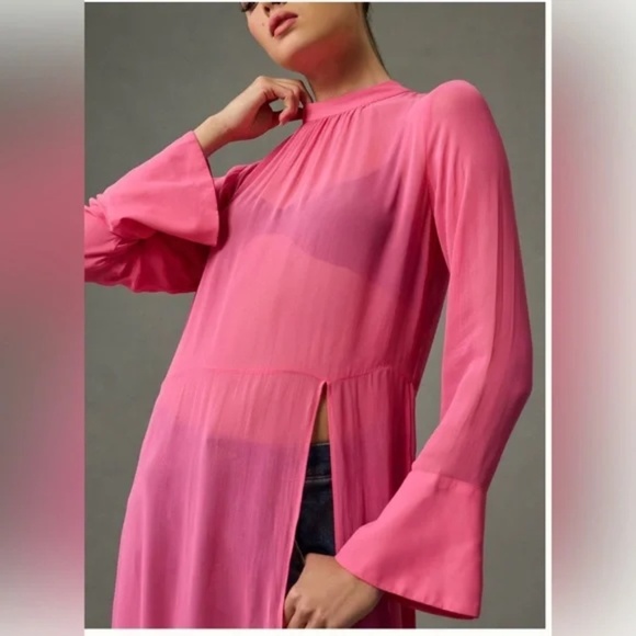 NWT Anthropologie Pink Sheer Tunic Large Petite - Picture 2 of 8